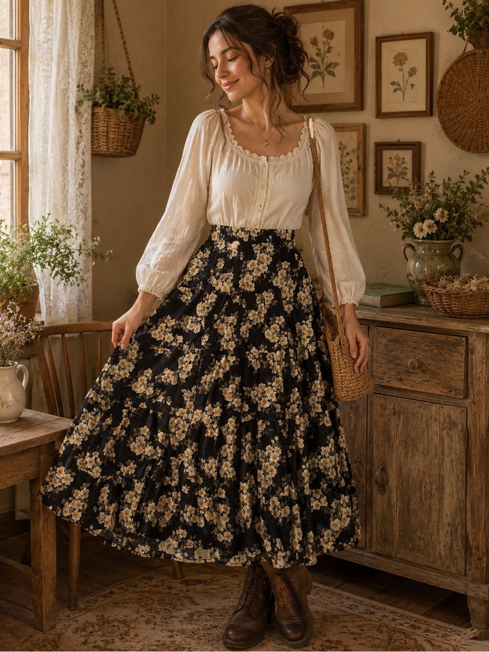 Source Unknown Black Floral Tiered Maxi Skirt with Cream Blossoms